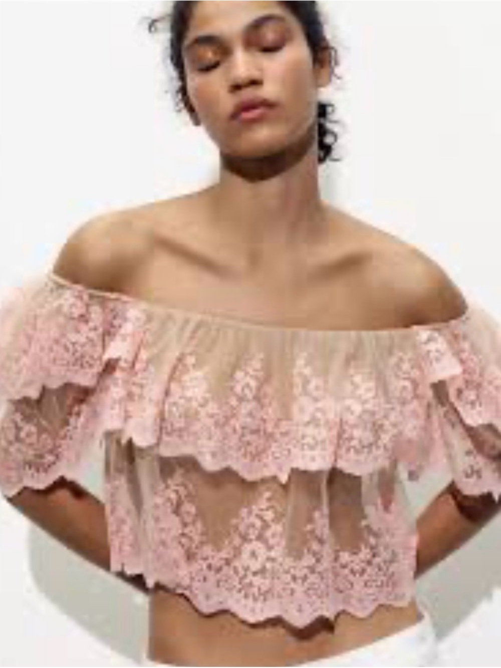 Zara Pink Lace Off-Shoulder Ruffle Top - Picture 2 of 5